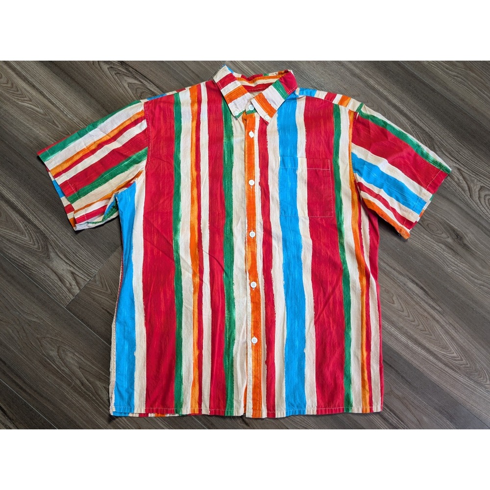 Yiume Men Shirt Medium Aloha Vintage Retro Colorful Striped‎ Button Down Cotton